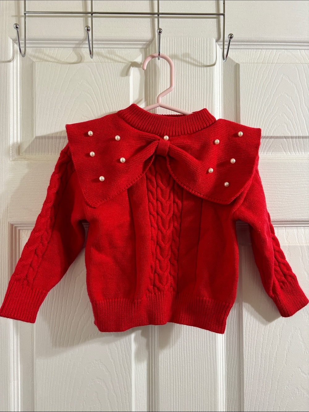Red Pearl-Embellished bow Cable Knit Sweater